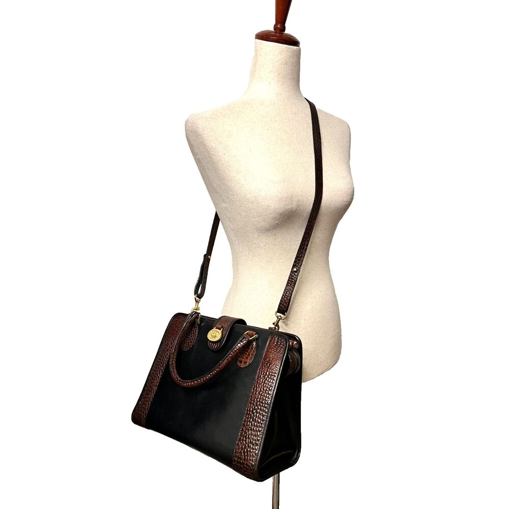 BRAHMIN Croc Embossed Leather Handbag Satchel Purse Crossbody Strap Black Brown